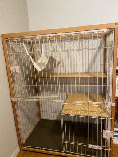 おしゃれ 猫 ケージ キャットケージ 2段 木製フレーム ハンモック付 広々 大型 高級感 おしゃれ キャットハウス ネコ
