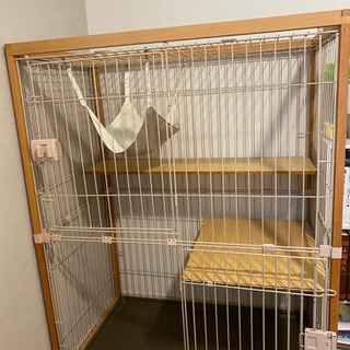 おしゃれ 猫 ケージ キャットケージ 2段 木製フレーム ハンモック付 広々 大型 高級感 おしゃれ キャットハウス ネコ 
