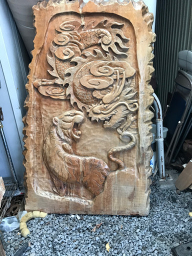 衝立、一刀彫り、ついたて、龍と虎の木彫り衝立