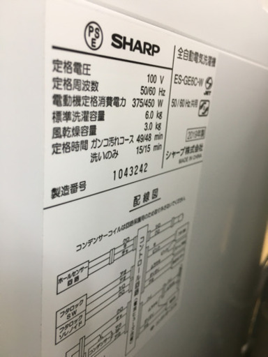 美品 2019年製 SHARP 6.0kg洗濯機 ES-GE6C シャープ