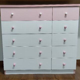 【中古】5段 ワイド チェスト　ホワイト×ピンク　可愛い　女の子の画像