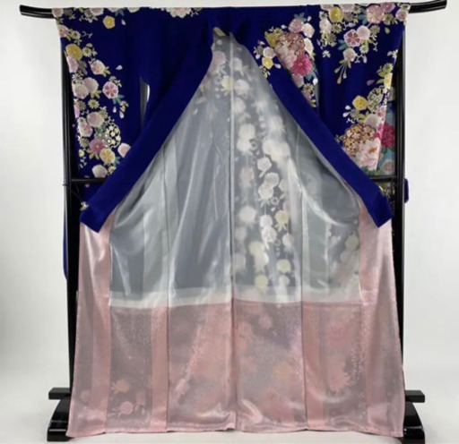 振袖 T-11美品 名品 牡丹 草花 金銀糸 金彩 青 袷 正絹