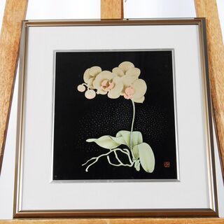 4184 日展作家 塚田外志男 漆絵 蒔絵 花 額装 D27.3...