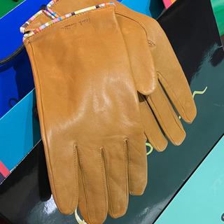 新品 希少キャメル ポールスミス レディース アーティストストライプトリムレザーグローブの画像