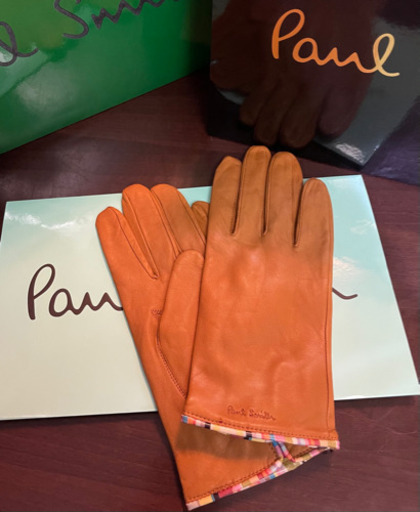 新品 希少キャメル ポールスミス レディース アーティストストライプトリムレザーグローブ