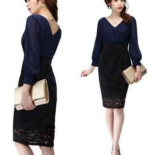 ネットフリーマーケット★DressLineビショップスリーブ シフォントップス コードレーススカート ドッキング ワンピース ドレス　サイズM★の画像