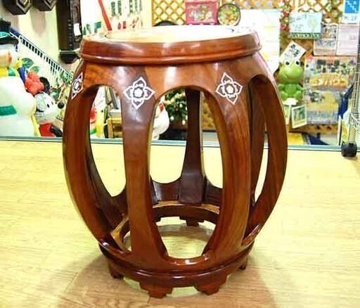 唐木 螺鈿 花台 直径40×高さ42.5cm 花鳥図 スツール 香炉台 丸椅子 ブラウン系 木製 伝統工芸☆札幌市 清田区 平岡