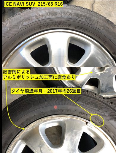 Good YearスタッドレスタイヤICE NAVI SUV（アイスナビSUV）215/65 R16×4本　ホンダラグレイト純正ホイール×4本　中古　溝：約8.6mm（8分程度と思います）