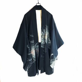黒 羽織 曼珠沙華 花柄 着物 和 羽織り 和物 ヴィンテージ アンティークの画像