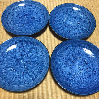 青地　梅柄　和皿　4枚セット　お正月用🎍🎍🎍