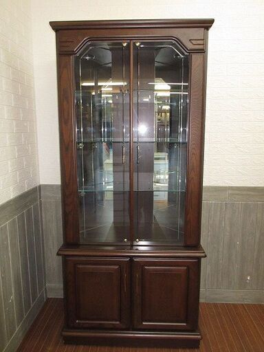 stp-0519　ファニテリアマキ　コーナーキュリオケース　飾り棚　ライト付き　ガラス棚　ガラス扉　鏡　キュリオケース　ショーケース　ガラスキャビネット　食器棚　家具　ミラー付き　コレクションケース　コーナーシェルフ　コーナーボード　コーナーキャビネット　照明　収納