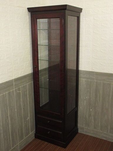 stp-0520　飾り棚　ブラウン　木製　4段　棚板可動式　引き出し2杯　キャビネット　ガラス棚　キュリオケース　ショーケース　ガラスキャビネット　食器棚　家具　コレクションケース　ディスプレイラック　リビングボード　カップボード　収納