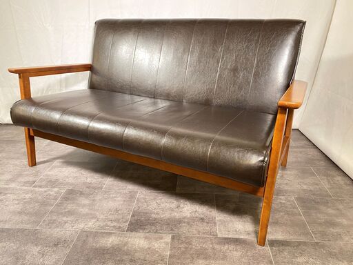 ソファ ベンチタイプ 二人掛け 茶 木製フレーム 中古品