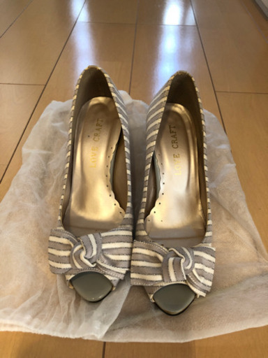 【美品】オープントゥ　パンプス　ヒール　リボン　ボーダー