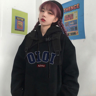 【OIOI】韓国　パーカー　長袖　男女兼用　ブラック　大きいサイズの画像