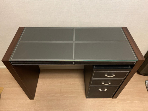 木製×ガラス×レザー　パソコンデスク　学習机　ワークデスク