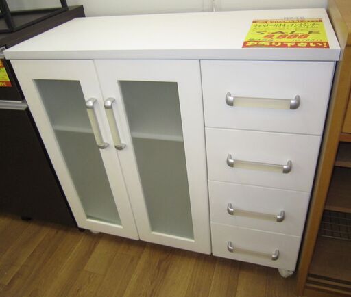 R218 キャスター付 白キッチンカウンター 幅90cm