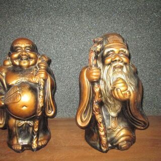 【置物】陶器製　布袋＆福禄寿の２個＆木彫り　布袋