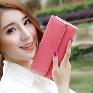 【新品】【選べる4色】長財布 三つ折り財布 フラップ 英字ロゴ カラーバリエーション シンプル 無地 カードケース パスケース 大容量 レザー レディース 小銭入れ②の画像