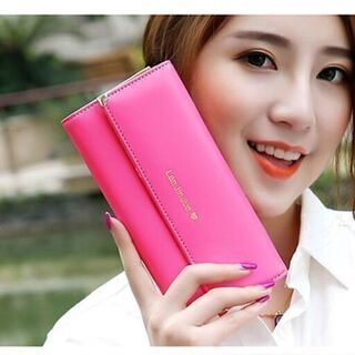 【新品】【選べる4色】長財布 三つ折り財布 フラップ 英字ロゴ カラーバリエーション シンプル 無地 カードケース パスケース 大容量 レザー レディース 小銭入れ②の画像