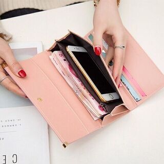 【新品】【選べる4色】長財布 三つ折り財布 フラップ 英字ロゴ カラーバリエーション シンプル 無地 カードケース パスケース 大容量 レザー レディース 小銭入れ②の画像