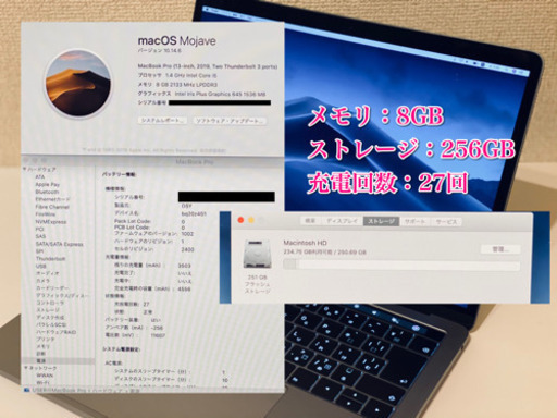 MacBook Pro 2019 256GB MUHP2J/A 放電回数27回