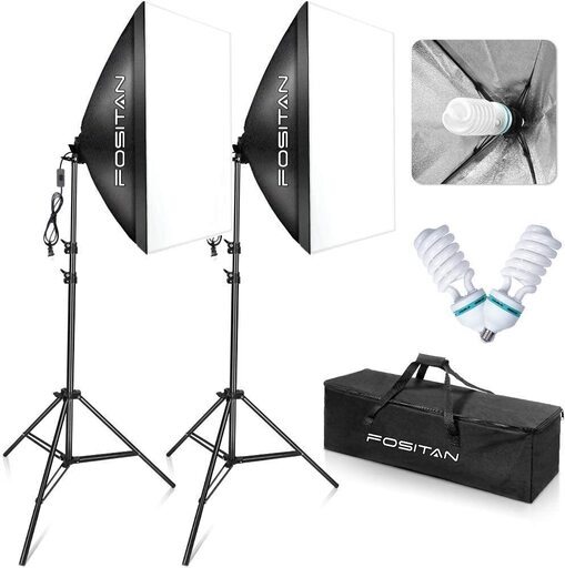 FOSITAN 50x70 cm 写真照明用セット スタジオ撮影 照明 撮影用ライト  撮影照明キット 2ｍ三脚付きの撮影スタジオ照明キット【純白CFL電球×2】キャリングバッグ付き