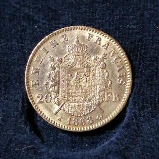 フランス20フラン金貨！ナポレオン三世（有冠）1868年！の画像