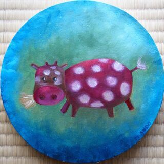 油絵　直筆　絵画：　丑年（赤）の画像