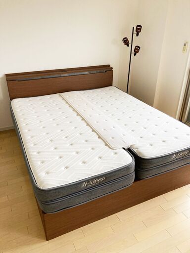 【使用3ヵ月】美品 収納付 クイーンベッド 幅170cm マットレス付 (Qベッド) JA200