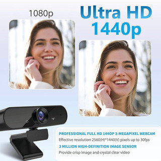 A327【新品未開封】ウェブカメラ マイク・三脚付き ブラック ポータブル 2K 1440P HD 広角 スチーミング ウェブカメラ デスクトップ コンピュータ ラップトップ用 最適 ビデオ通話 会議 録音 と ゲーム用 ノーマル の画像