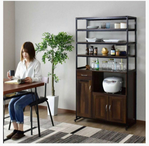 未使用 幅90㎝ 下段収納付オープンラック 引出し収納・スライド棚ウォルナット