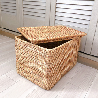 ★美品★無印　重なるラタン長方形バスケット大&フタ