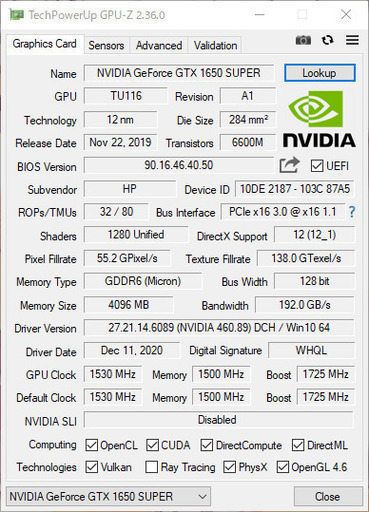 パソコン nVIDIA GTX 1650 SUPER 4GB