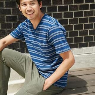 新品 インディゴボーダークルーネック半袖Tシャツ