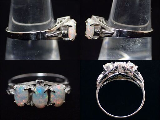 E407 K14 WG 3連 オパール 指輪 リング 2.7g アンティーク