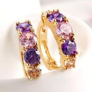 アメジスト ピンクトパーズ リングピアス K18 フープピアス エレガントの画像