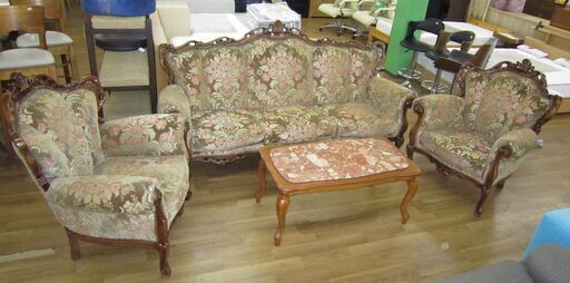 R205 イタリア製 リビングソファ4点セット、猫足、木製フレーム、布製、良品