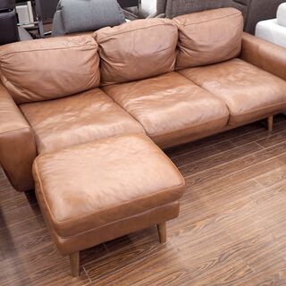 札幌　引取歓迎  unico/ウニコ モルン 3シーター ソファ 本革 レザーソファ オットマン付き ブラウン