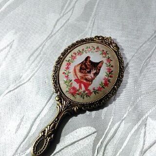 ☆新品☆　アンティーク風・ゴールド×CAT・手鏡の画像