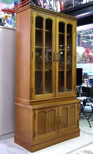 ♢旭川家具 飾り棚 幅96cm 高さ190cm KAWATA MOKKOU カワタ木工 ナラ材 K印の家具 食器棚 上下分割 札幌市東区 新道東店