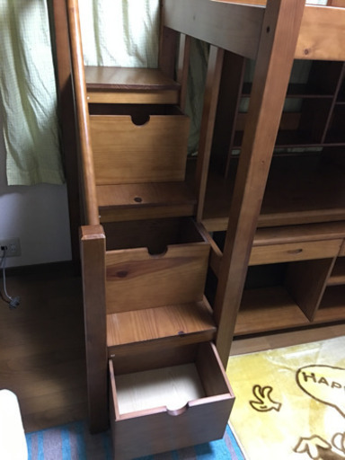 勉強机　ロフトベッド 中古 天然木製  階段システムベッド　ワゴンラック(キャスター付)