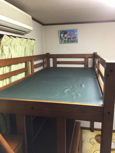 勉強机　ロフトベッド 中古 天然木製  階段システムベッド　ワゴンラック(キャスター付)