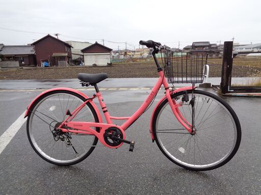 婦人用自転車 変速7段 カゴ付き軽快車 ピンク 整備済み(85)