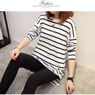 [ジーティアモ] ボーダーストライプ ロング T シャツ レディースの画像