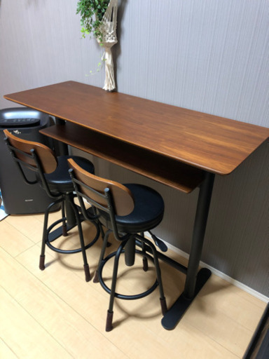 カウンターテーブル チェア2脚 3点セット バースツール ウォールナット