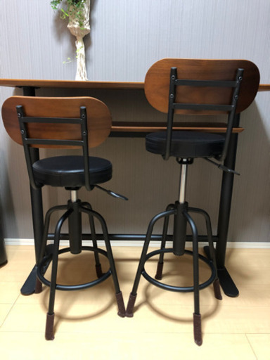 カウンターテーブル チェア2脚 3点セット バースツール ウォールナット