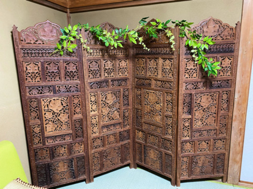 木彫り 4連 屏風