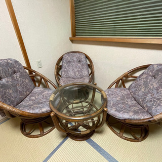 受付終了★差し上げます★アンティーク籐製円卓セット