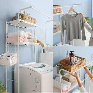 ランドリー収納 伸縮タイプ ハンガーラック付きデッドスペースを有効活用　キレイ　半額以下　安い　洗濯機　棚の画像